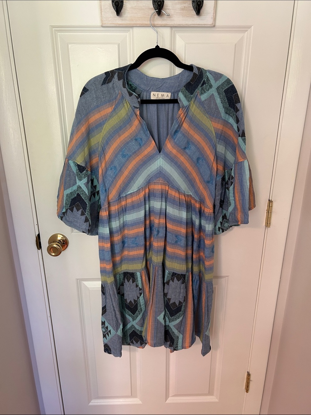 NEMA Resort Wear- Striped V-Neck Tunic Dress in Blue and Orange